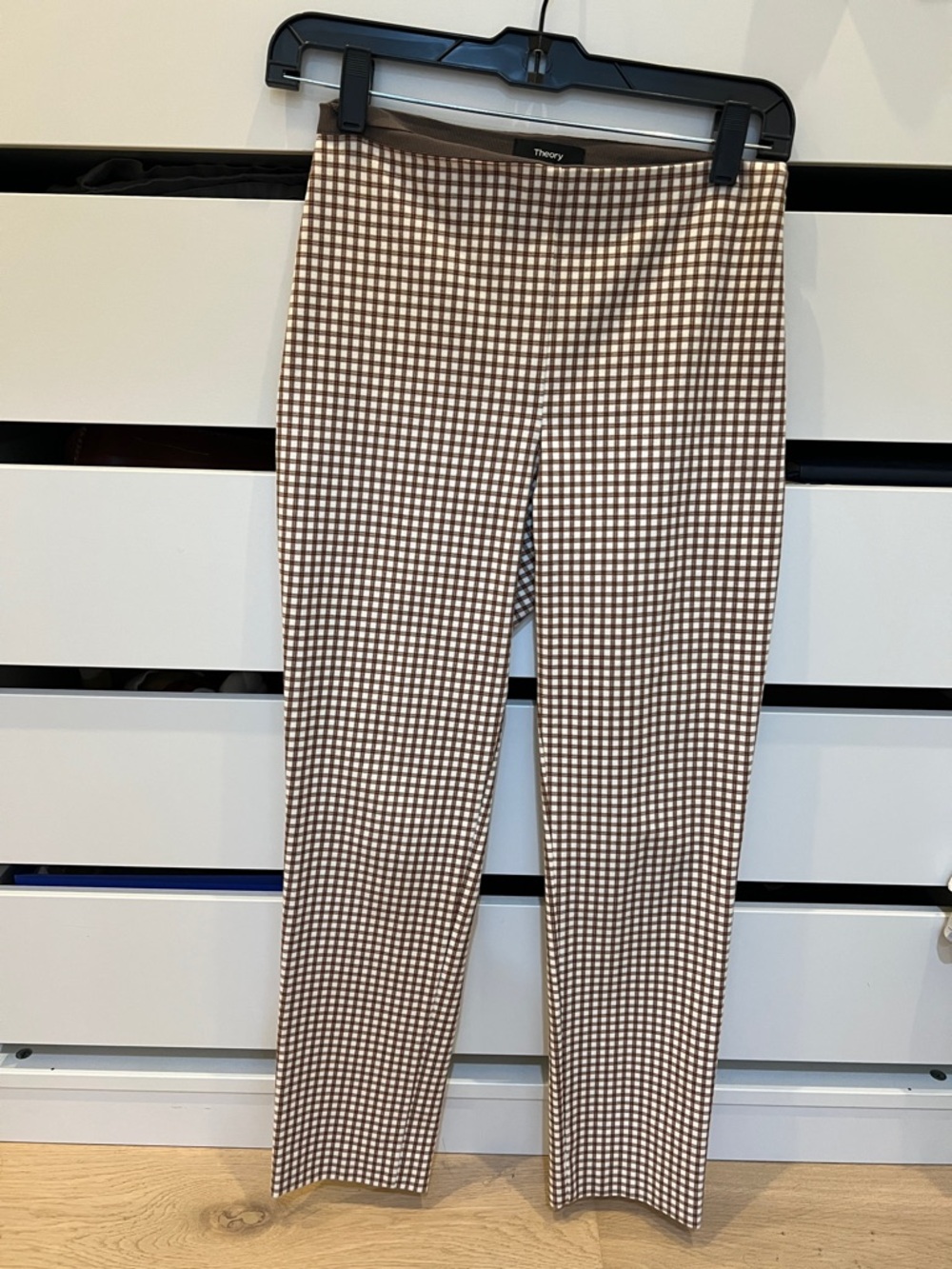 Theory Brown and Cream Gingham Slim Pants